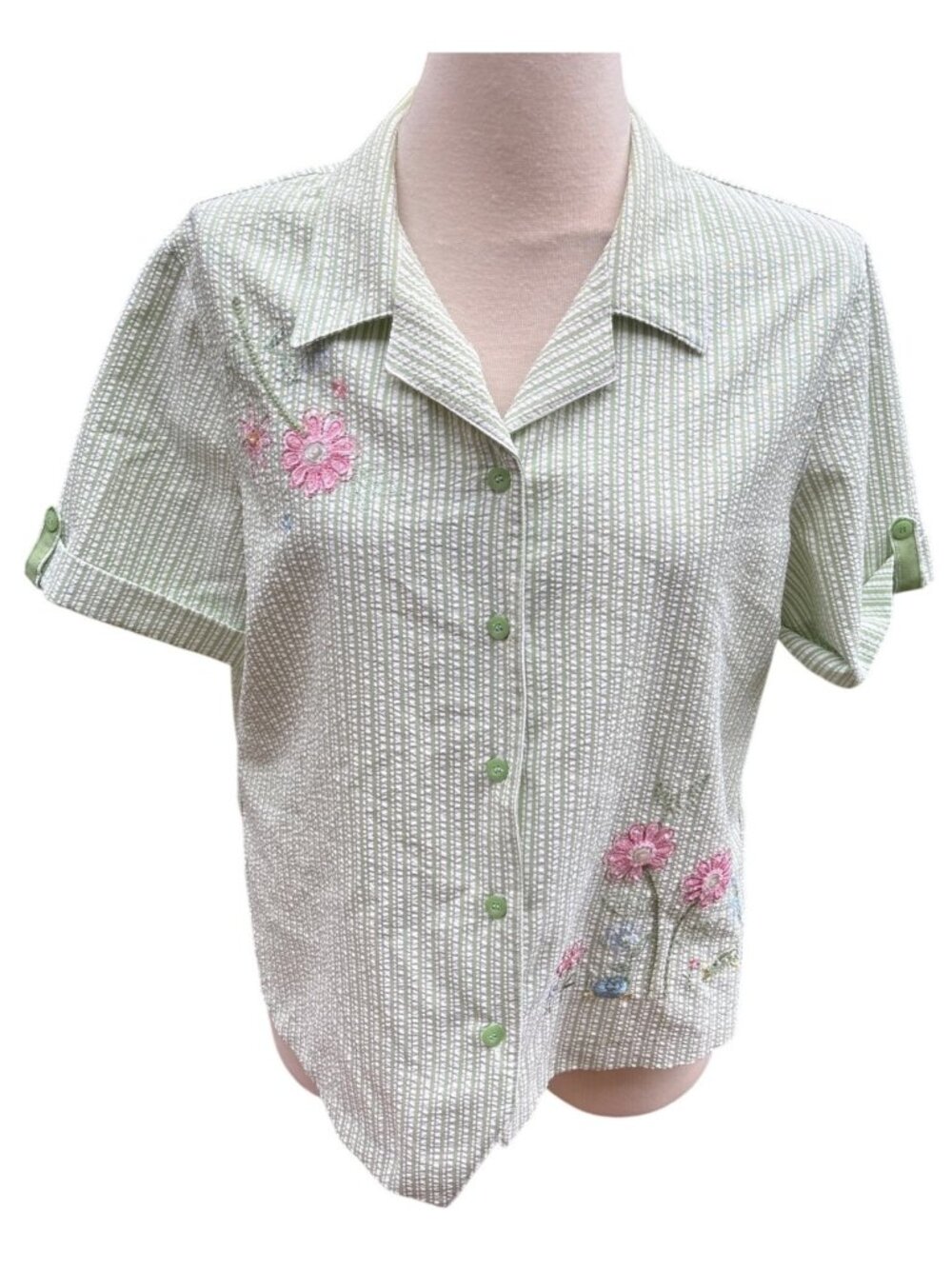 Green Striped Button-Up Shirt With Floral Embroidery Short Sleeves Size 16 Women